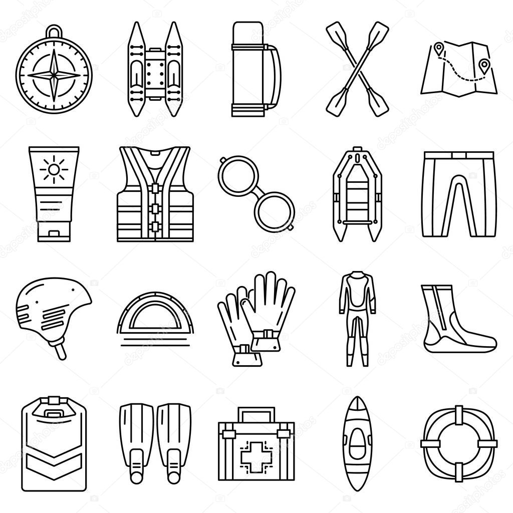 Rafting icon set. Outline set of rafting vector icons for web design isolated on white background