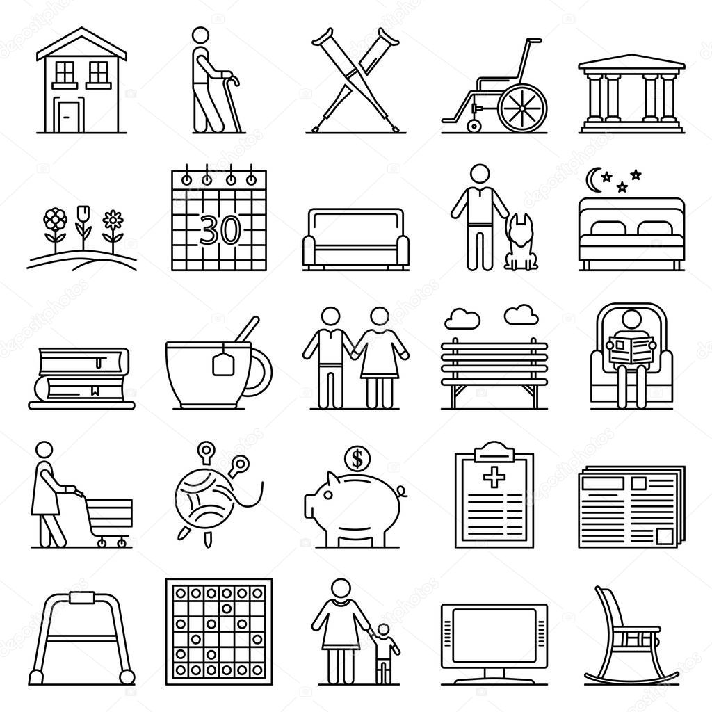 Pension icon set, outline style