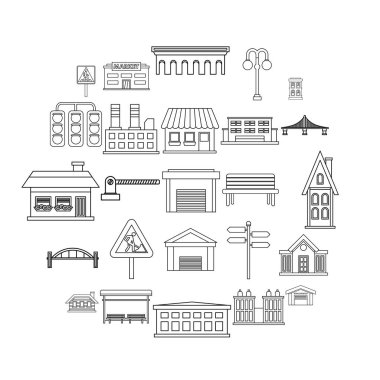Şehir mimarisi Icons set, anahat stili