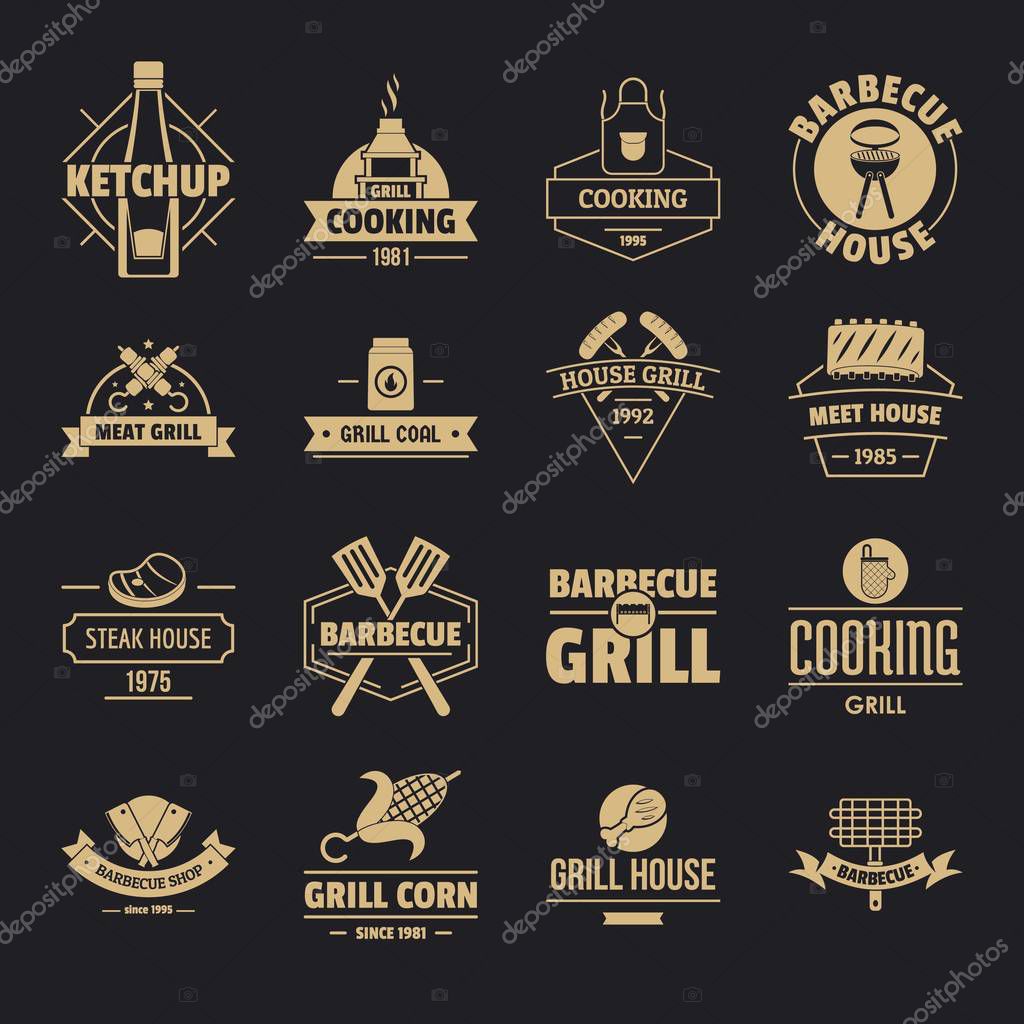 Barbecue grill logo icons set. Simple illustration of 16 barbecue grill logo vector icons for web