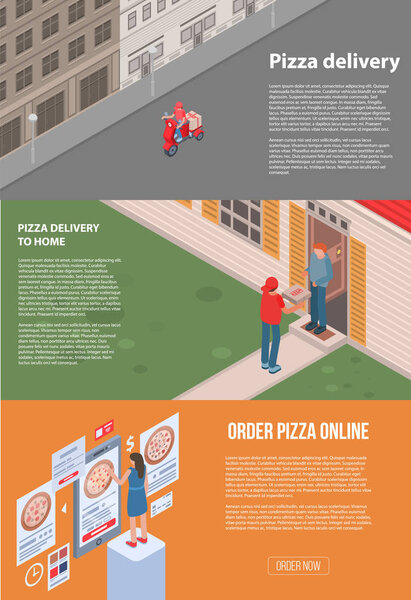 Pizza delivery banner set, isometric style