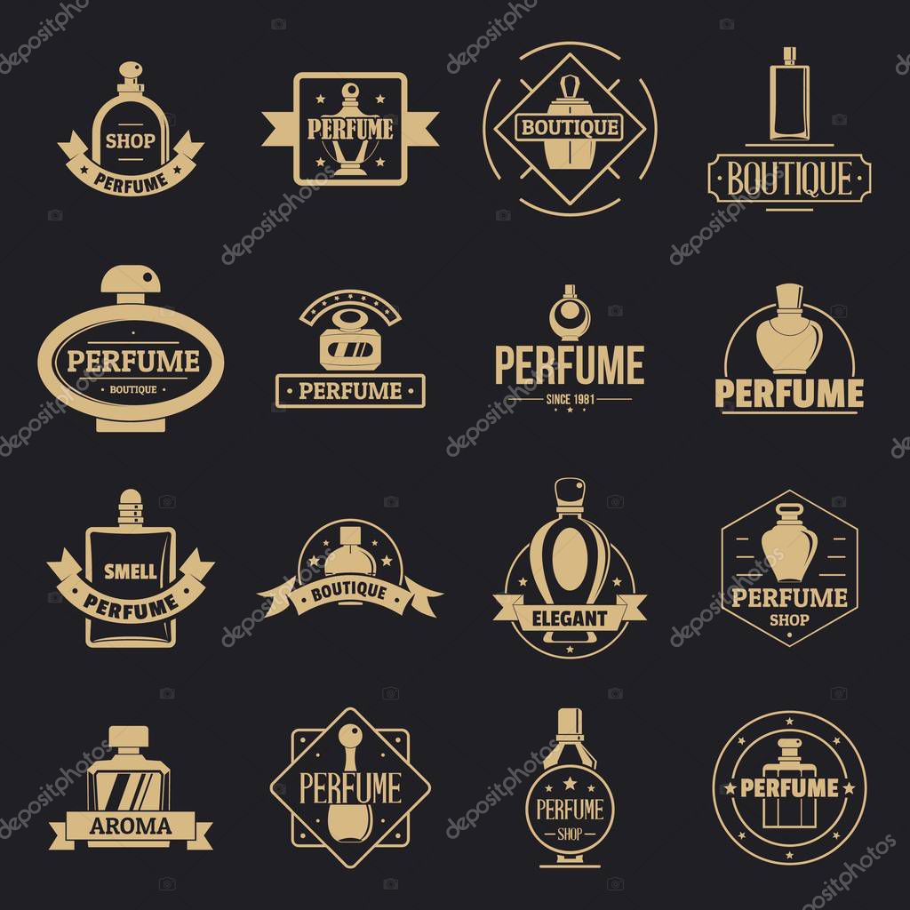 Perfume bottles logo icons set. Simple illustration of 16 perfume bottles logo vector icons for web