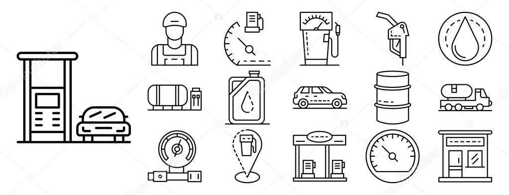 Petrol station icon set, outline style