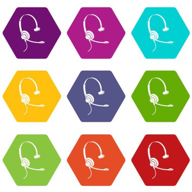Headphones with microphone icons set 9 vector
