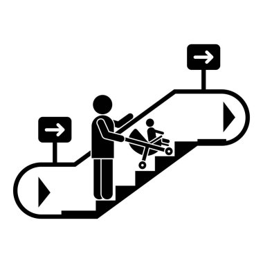 Woman baby pram up escalator icon, simple style clipart