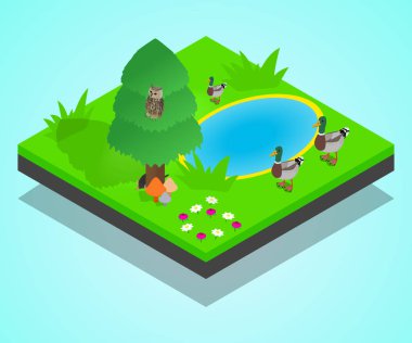 Gölet kavramı afiş, izometrik stili