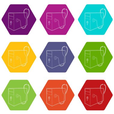 9 vektör bilgisayar sistem birimi ve stetoskop Icons set