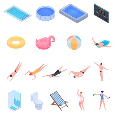 Havuzu ekipman Icons set, izometrik stili