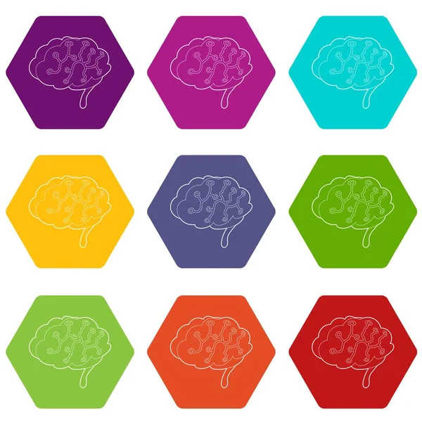 Sensores em ícones do cérebro humano conjunto 9 vetor — Vetor de Stock