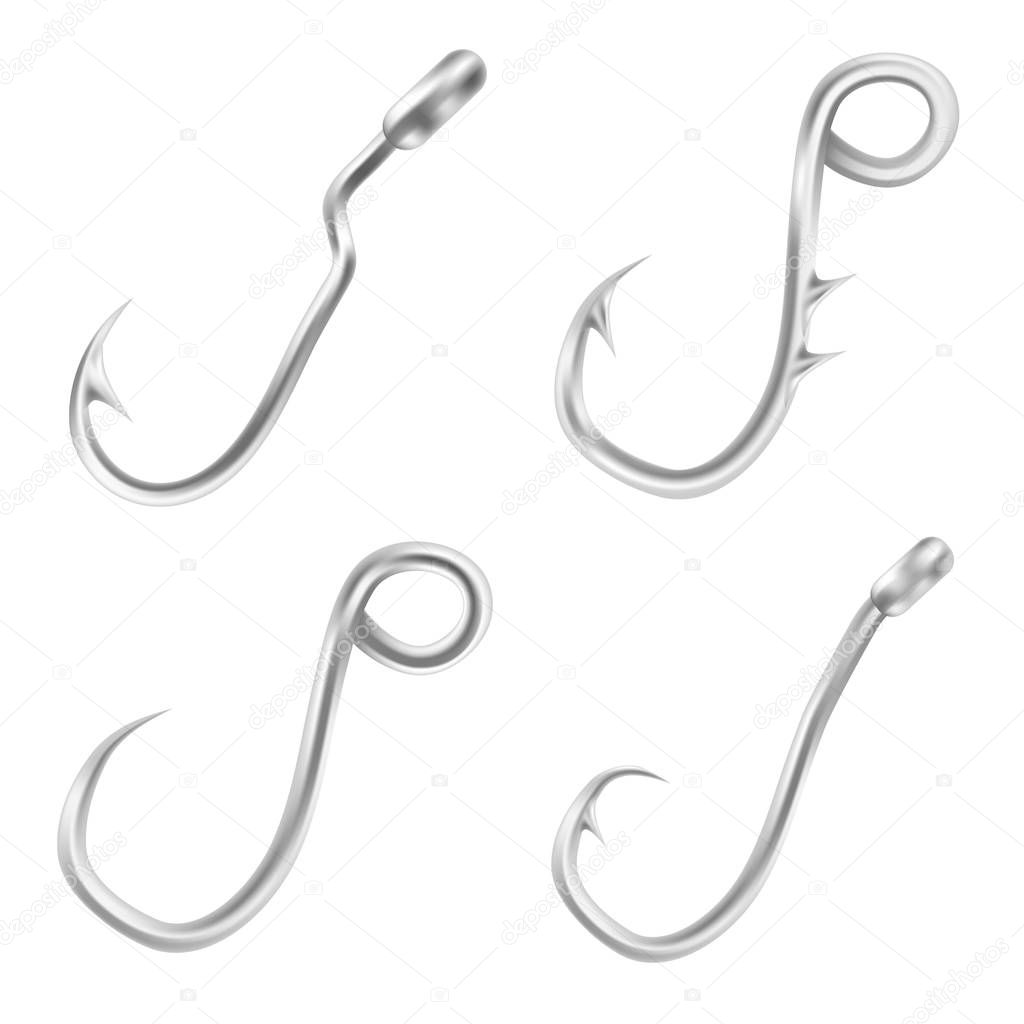 Fishing hook icons set, realistic style