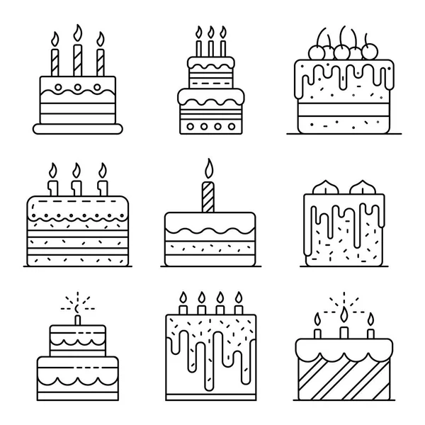 Ensemble d'icônes d'anniversaire gâteau, style contour — Image vectorielle