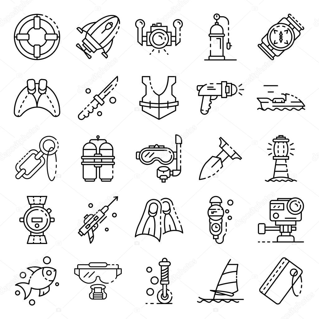 Snorkeling equipment icons set. Outline set of snorkeling equipment vector icons for web design isolated on white background