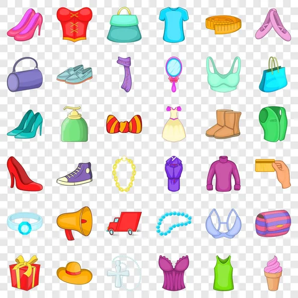 Woman shop icons set, cartoon style — Stock Vector