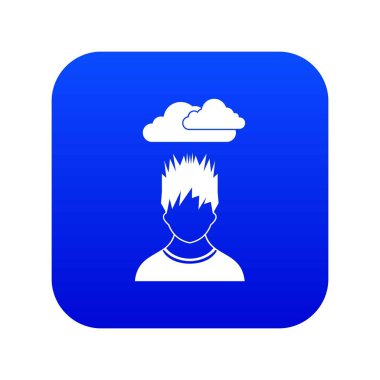 Onun baş simge dijital mavi üzerine kara bulut ile depresif adam