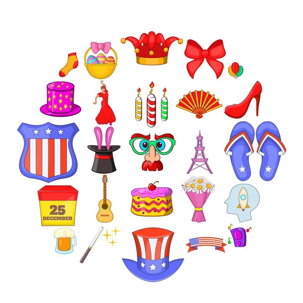 Set di icone del luogo festivo, stile cartone animato — Vettoriale Stock