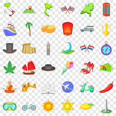 Icons set, karikatür tarzı seyahat