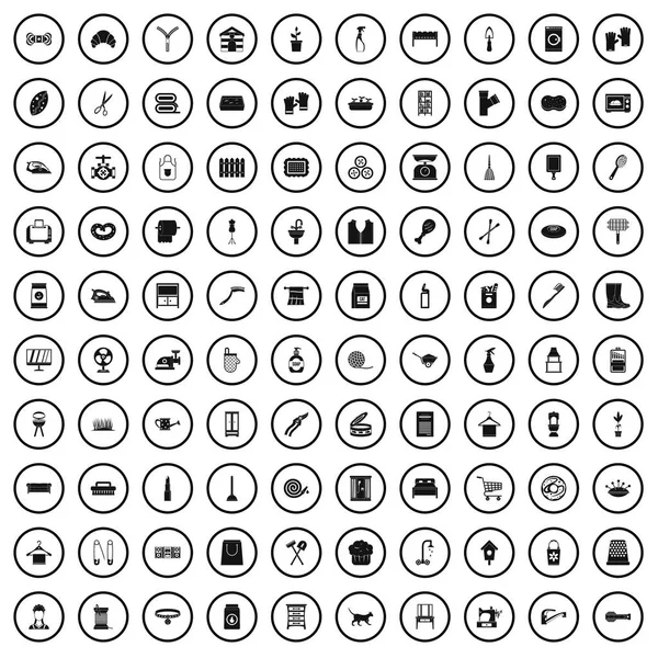 100 Haushaltssymbole gesetzt, einfacher Stil — Stockvektor
