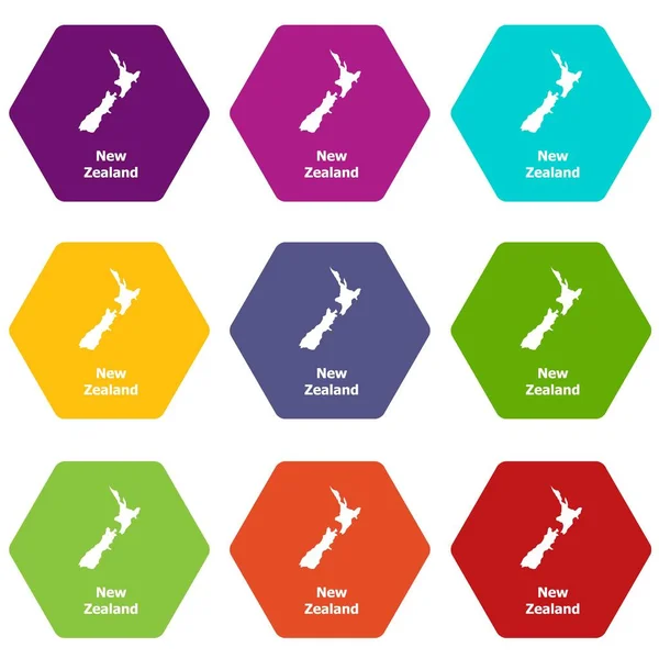 Nueva Zelanda mapa iconos conjunto 9 vector — Vector de stock