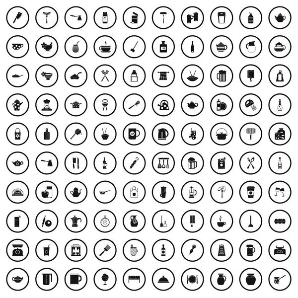 100 Geschirr-Icons Set, einfacher Stil — Stockvektor