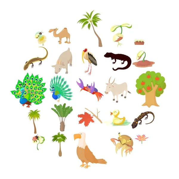 Набор иконок животных и растений, стиль мультфильма — стоковый вектор