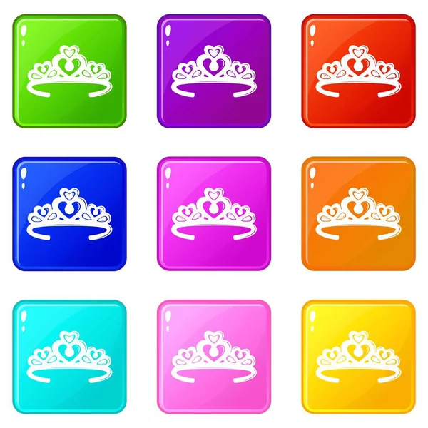 Tiara couronne icônes set 9 collection de couleurs — Image vectorielle