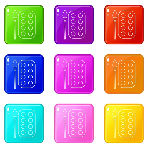 Paint brush palette icons set 9 color collection — Stock Vector