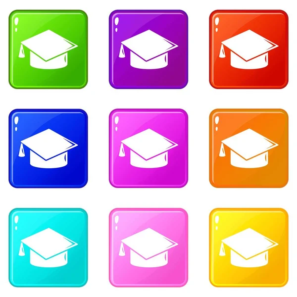 Conjunto de iconos de tapa de graduación 9 colección de colores — Archivo Imágenes Vectoriales