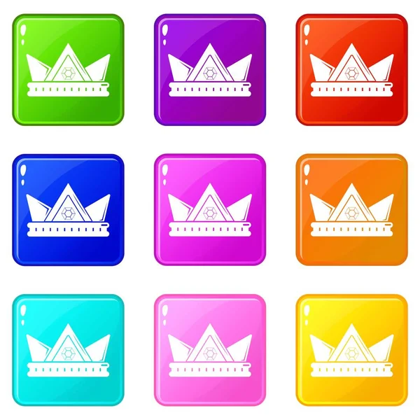Diamant Krone Symbole Set 9 Farben Kollektion — Stockvektor