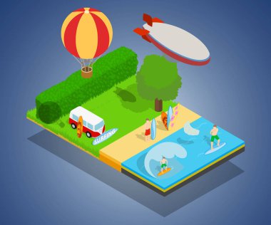 Sıcak turizm kavramı afiş, izometrik stili