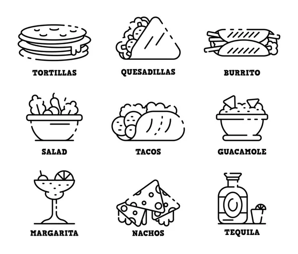 Conjunto de iconos de comida mexicana, estilo de esquema — Archivo Imágenes Vectoriales