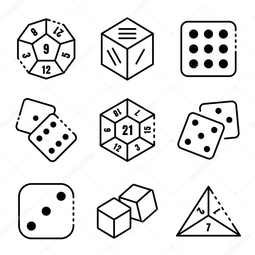 Dice icons set. Outline set of dice vector icons for web design isolated on white background