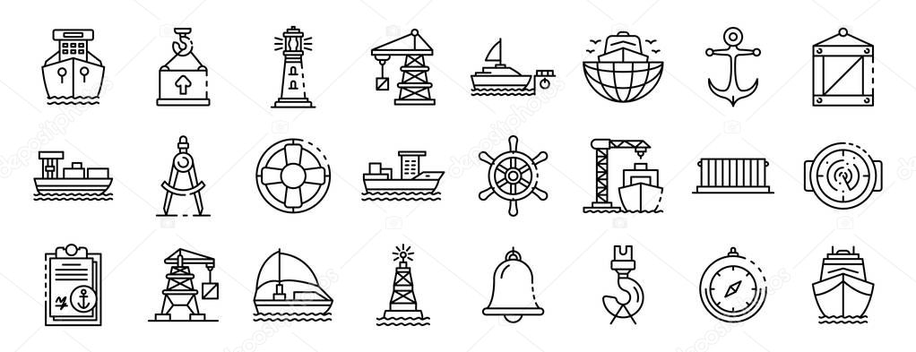 Marine port icons set, outline style