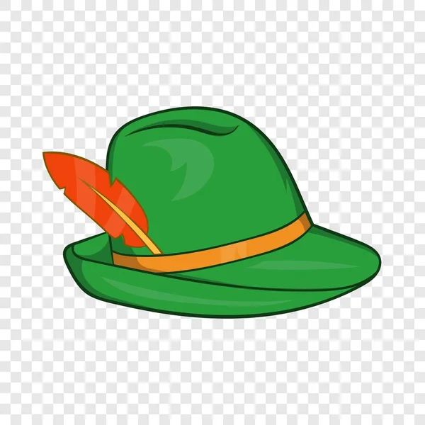 Pălărie verde cu o pictogramă de pene, stil desene animate — Vector de stoc