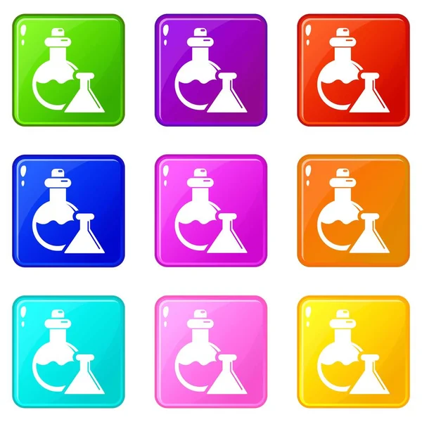 Flask icons set 9 color collection — Stock Vector