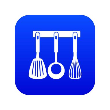 Spatula, pota ve çırpma teli, mutfak araçları simge dijital mavi