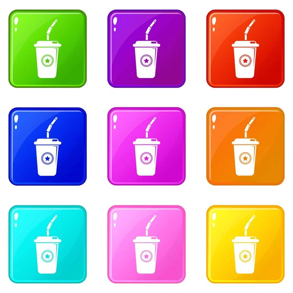 Conjunto de iconos de jugo de vidrio plástico 9 colección de colores — Vector de stock