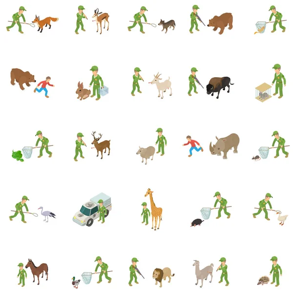 Captura de animales salvajes iconos conjunto, estilo isométrico — Archivo Imágenes Vectoriales