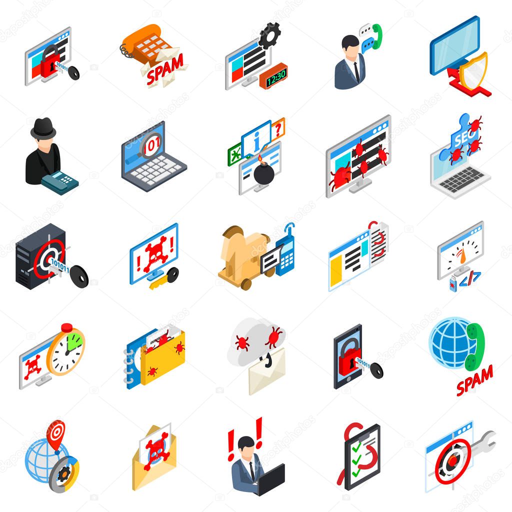 Cyber attack icons set, isometric style