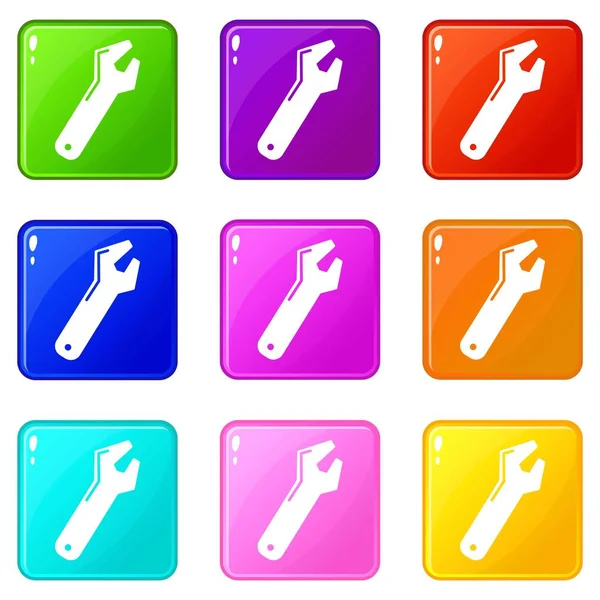 Big spanner icons set 9 color collection — Stock Vector