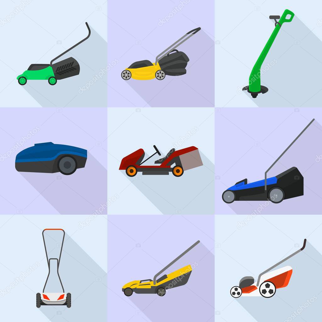 Lawnmower icons set. Flat set of lawnmower vector icons for web design