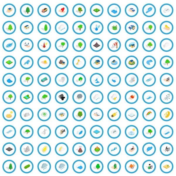 100 globale opwarming van de aarde iconen set, isometrische 3D-stijl — Stockvector