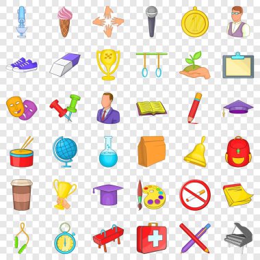 Üniversite sırt çantası Icons set, karikatür tarzı