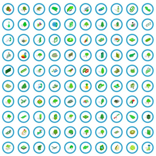 100 зелених піктограм, ізометричний 3d стиль — стоковий вектор