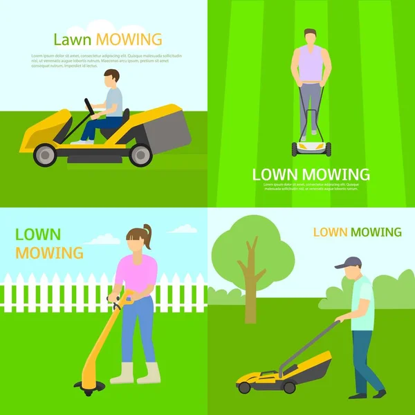 Lawnmower banner set, flat style — Stock Vector