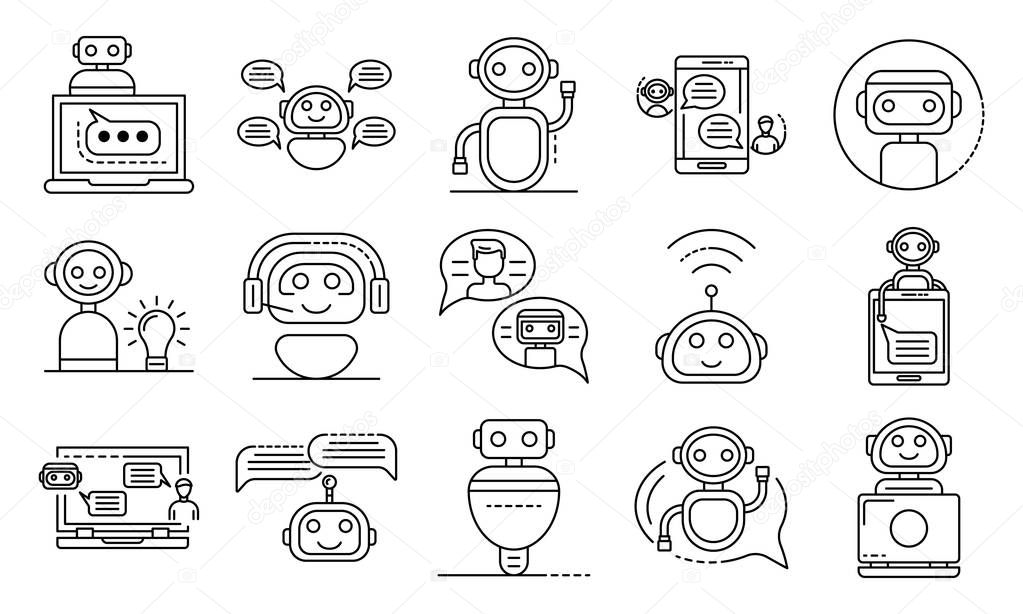 Chatbot icons set. Outline set of chatbot vector icons for web design isolated on white background