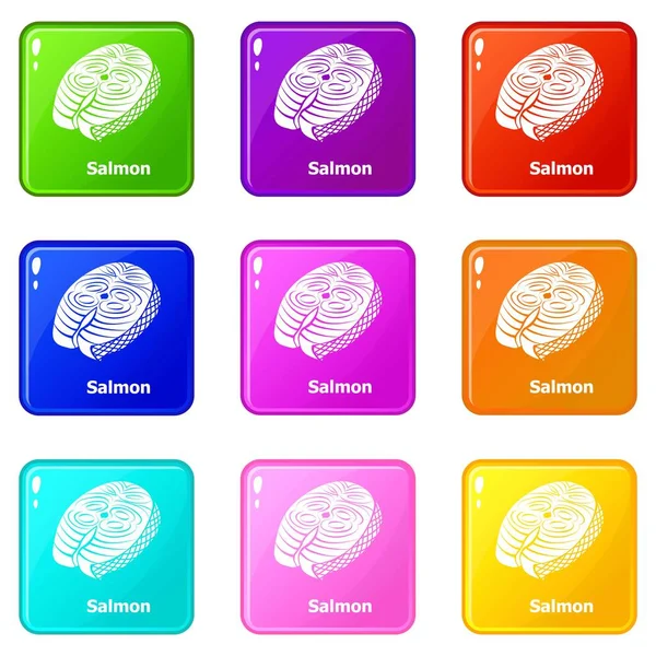 Conjunto de iconos de salmón 9 colección de colores — Vector de stock