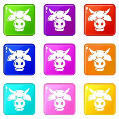 İnek baş simgeler 9 renk koleksiyonu ayarla