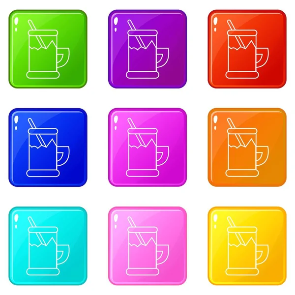 Metall Glas Tasse Tee Ikonen Set 9 Farben Kollektion — Stockvektor