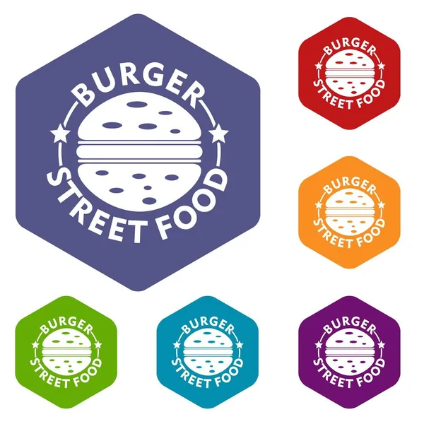 Burger street food icônes vecteur hexaèdre — Image vectorielle