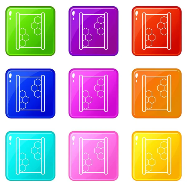 Honeycomb on wood icons set 9 color collection — Stock Vector